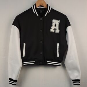 Charlotte Russe Cropped Varsity Jacket Black White Chenille A Letter